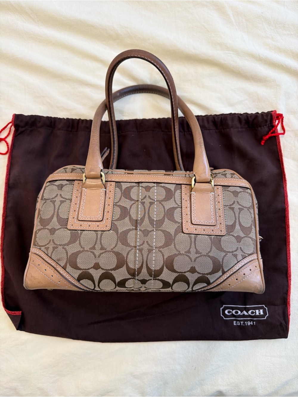 Coach Brown Signature Canvas Satchel with Tan Leather Accents